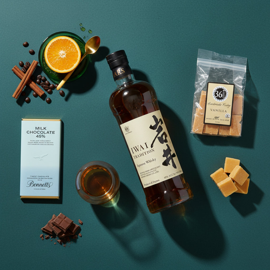 Load image into Gallery viewer, A styled flat-lay featuring a bottle of Mars Iwai Tradition Japanese Whisky as the central product, surrounded by chocolate treats, a Bennett's milk chocolate bar, a glass of whiskey, a bag of 36 Degrees vanilla fudge, vanilla fudge pieces, cinnamon sticks, and an orange slice on a dark teal background.