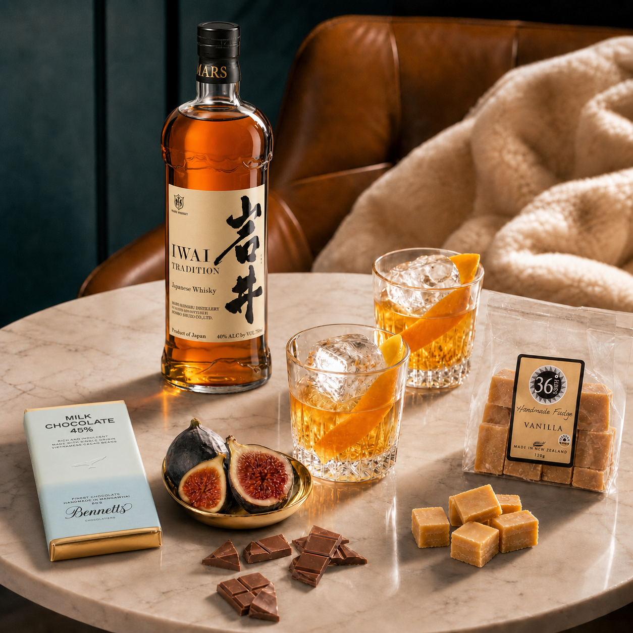 Load image into Gallery viewer, A styled tabletop scene with a bottle of Mars Iwai Tradition Japanese Whisky, two rocks glasses filled with amber drink and orange slices, a bag of 36 Degrees vanilla fudge, a bar of Bennetts milk chocolate, figs, chocolate chunks, and a brown leather chair in the background.
