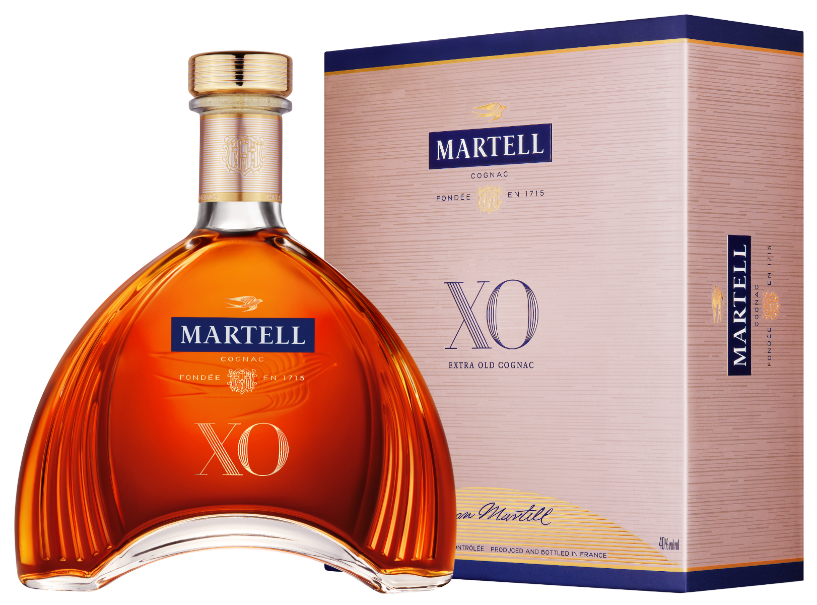 Load image into Gallery viewer, Martell XO cognac bottle and gift box packaging on a white background