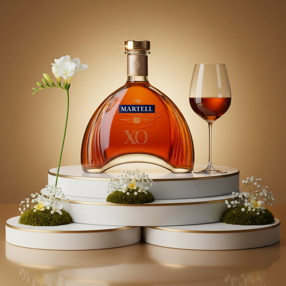 Load image into Gallery viewer, A bottle of Martell XO cognac and a filled wine glass displayed on white tiered pedestals with small white flowers against a warm brown gradient background.