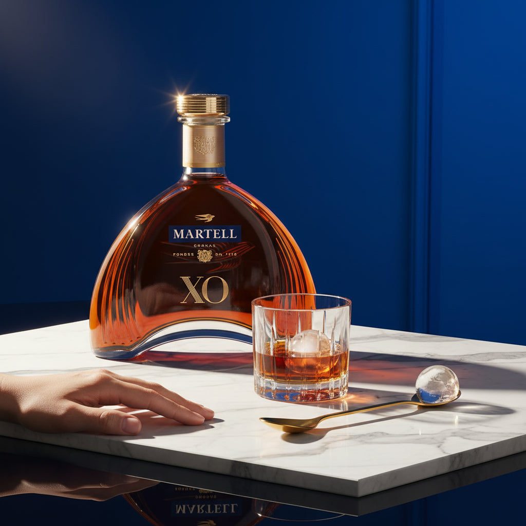 Load image into Gallery viewer, A bottle of Martell XO cognac sits on a white marble slab beside a rocks glass, a gold spoon, and a hand resting near the bottle against a deep blue background.