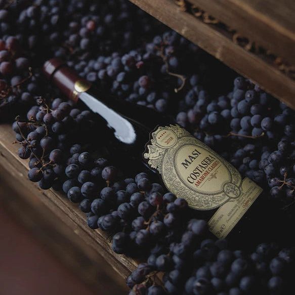 Bottle of Masi Costasera Amarone Classico wine surrounded by grapes on a wooden surface
