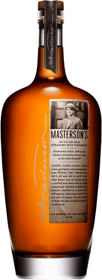Bottle of Masterson's 10 year old Straight Rye whiskey on a white background