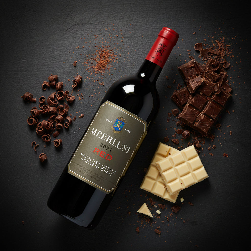 Load image into Gallery viewer, Bottle of Meerlust Estate Red Blend red wine with chocolate pieces on a dark surface