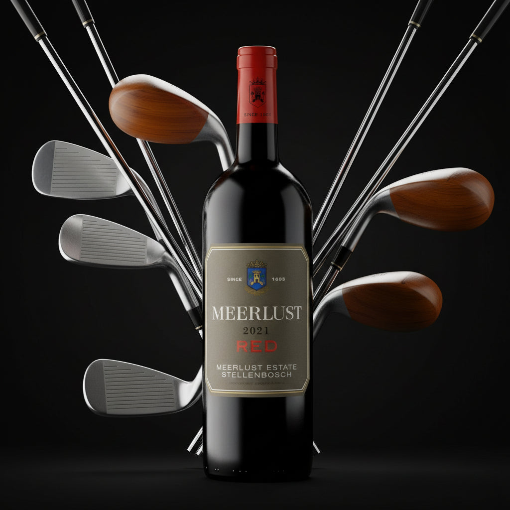 Load image into Gallery viewer, Bottle of Meerlust Estate Red Blend red wine surrounded by golf clubs on a black background