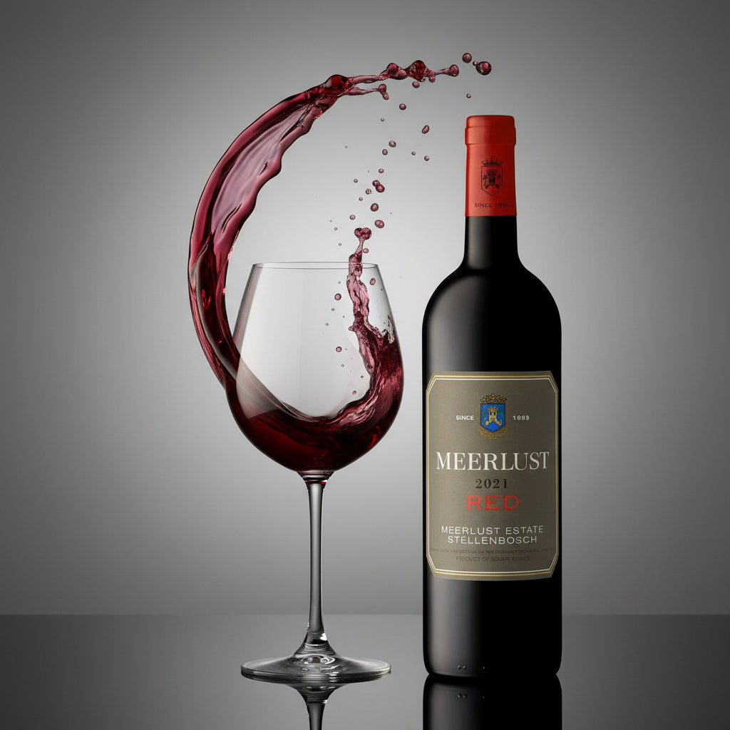 Load image into Gallery viewer, Meerlust Estate Red Blend red wine bottle with a glass of red wine and splashing wine on a gray background