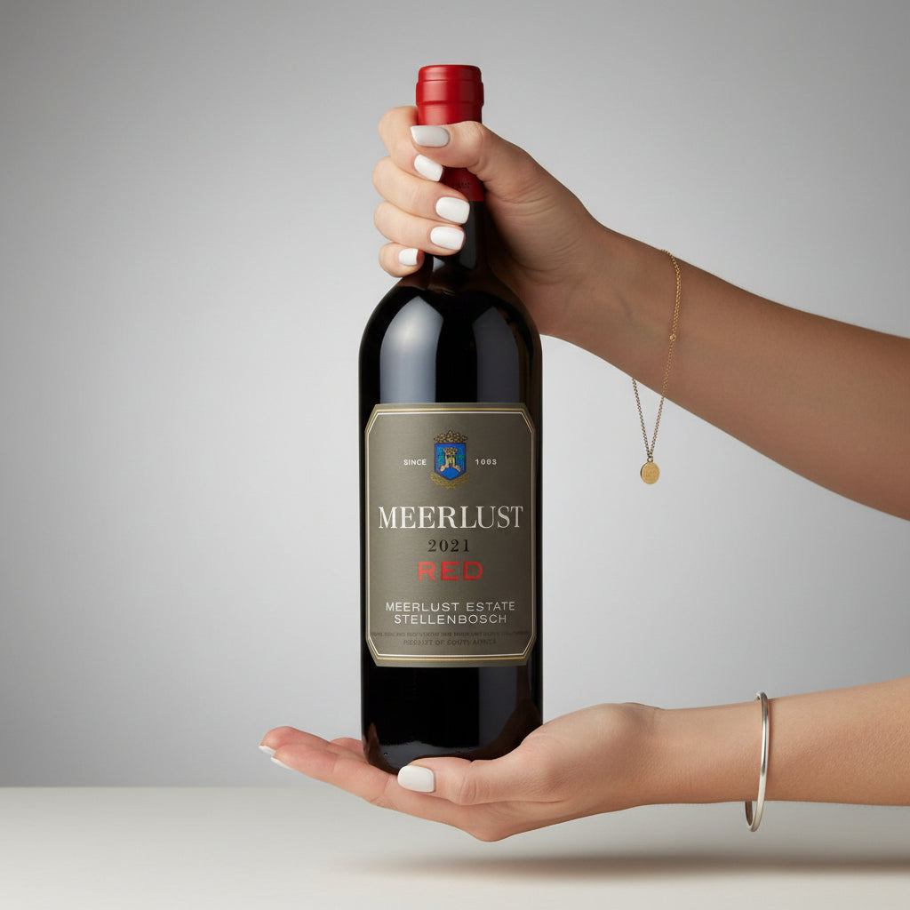 Load image into Gallery viewer, Hand holding a bottle of Meerlust Estate Red Blend red wine against a neutral background
