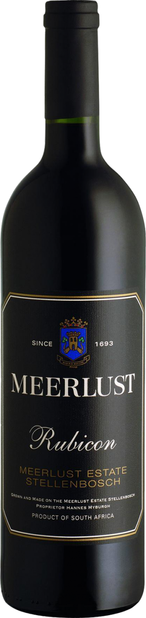 A bottle of Meerlust Estate Rubicon wine with a dark label and a coat of arms emblem.