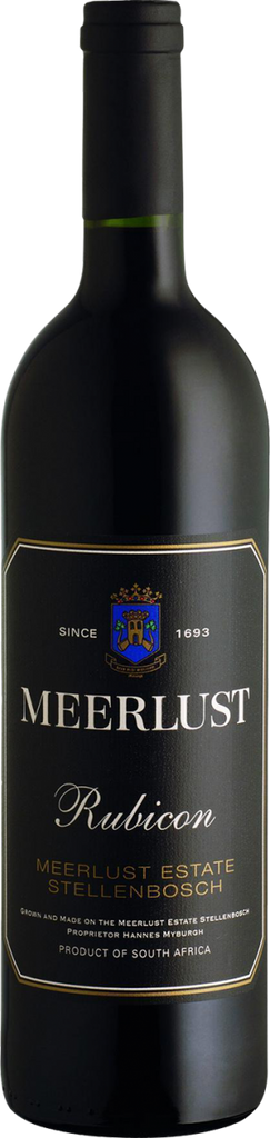 A bottle of Meerlust Estate Rubicon wine with a dark label and a coat of arms emblem.