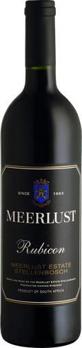 A bottle of Meerlust Estate Rubicon wine with a dark label and a coat of arms emblem.