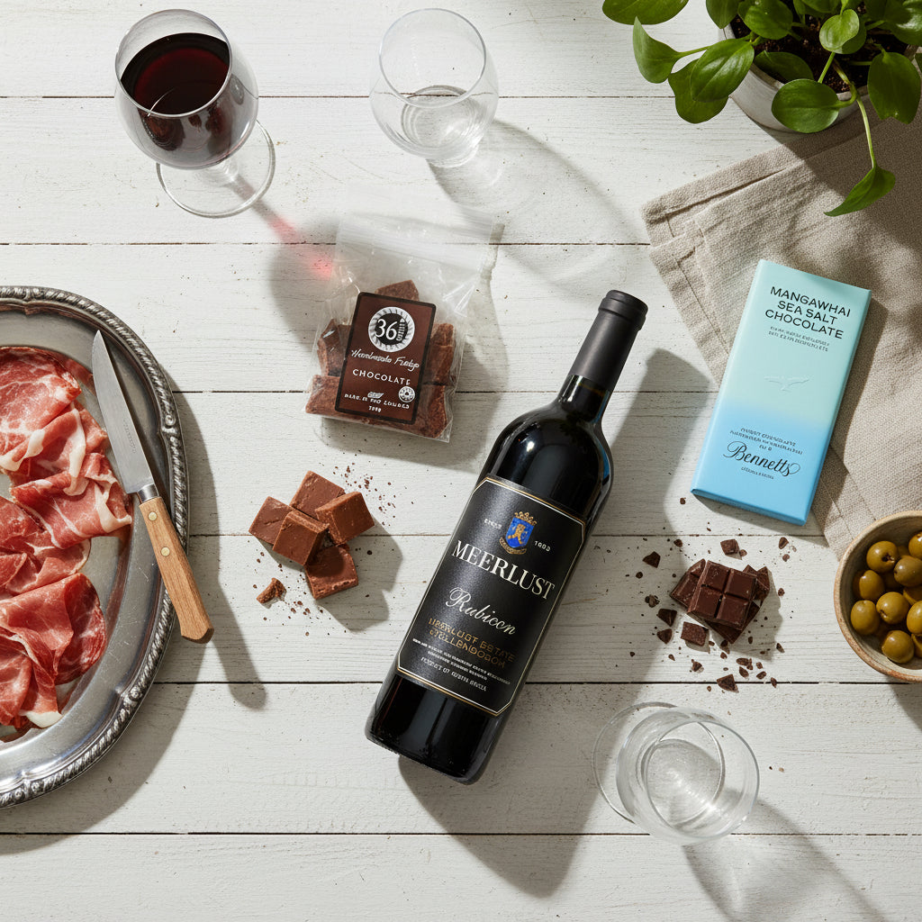 Load image into Gallery viewer, A bottle of Meerlust Estate Rubicon red wine is arranged on a white wooden table with food props including sliced cured meat on a platter, Bennett's chocolate pieces, a glass of red wine, an empty glass, olives, bag of 36 Degrees chocolate fudge, and a light blue Bennett's chocolate bar package.