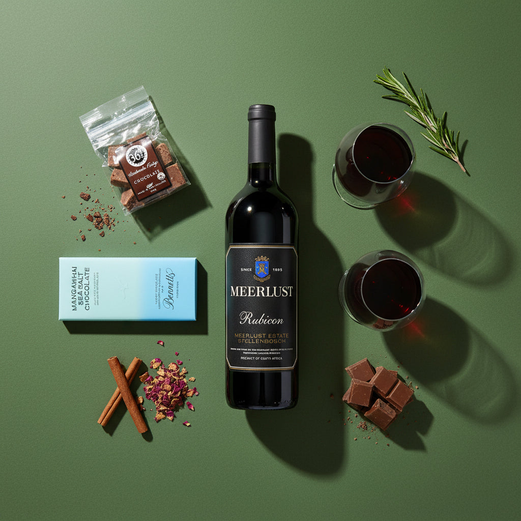 Load image into Gallery viewer, A bottle of Meerlust Estate Rubicon red wine is arranged on a dark olive green background with styled food and drink props: two glasses of red wine, a light blue Bennett's Mangawhai chocolate bar, chocolate pieces, 36 Degrees chocolate fudge bag, chocolate fudge pieces, cinnamon sticks, rose petals, and a sprig of rosemary.