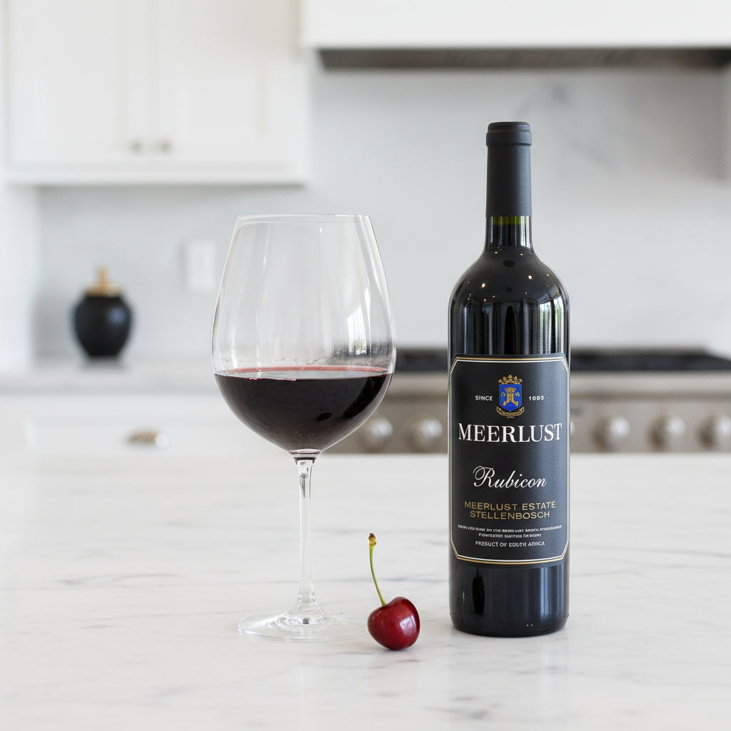 Meerlust Estate Rubicon red wine with a glass of wine and a cherry on a kitchen counter.