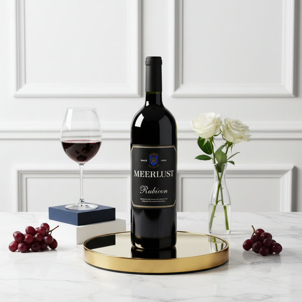Load image into Gallery viewer, A bottle of Meerlust Rubicon red wine stands on a round gold tray on a marble table, styled with a filled wine glass, white roses in a vase, and clusters of red grapes against a white paneled wall background.