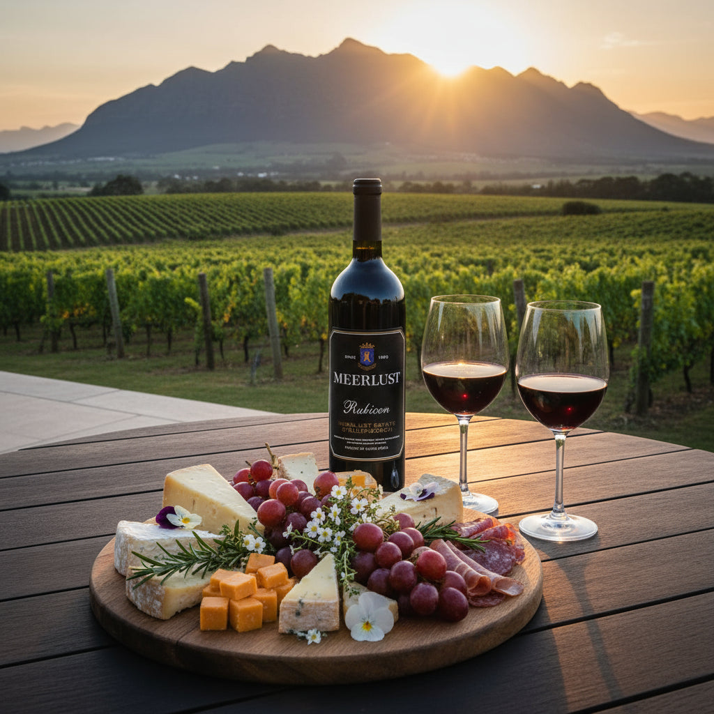 Meerlust Estate Rubicon red wine bottle and glasses with a platter of cheese, fruits, and meats on a wooden table with a scenic vineyard background.