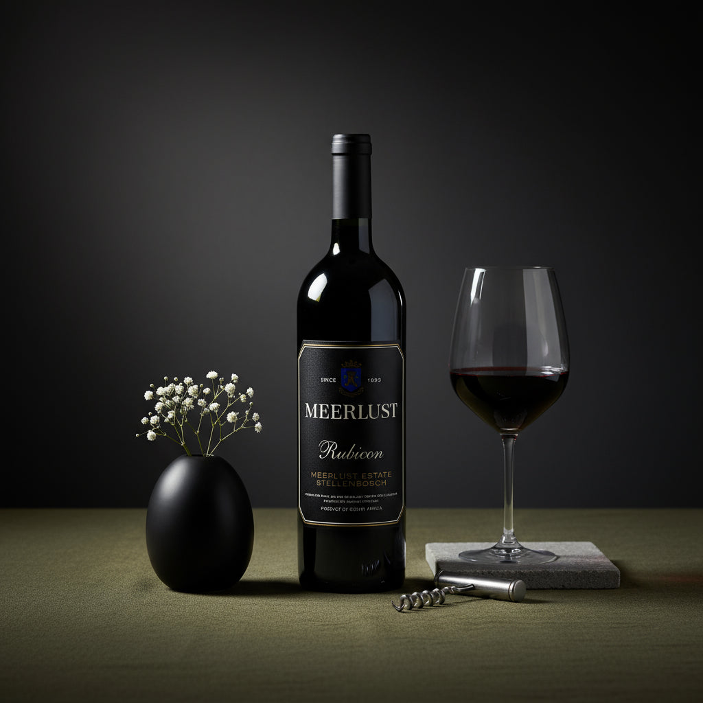 Meerlust Estate Rubicon red wine bottle with a glass of red wine on a dark background