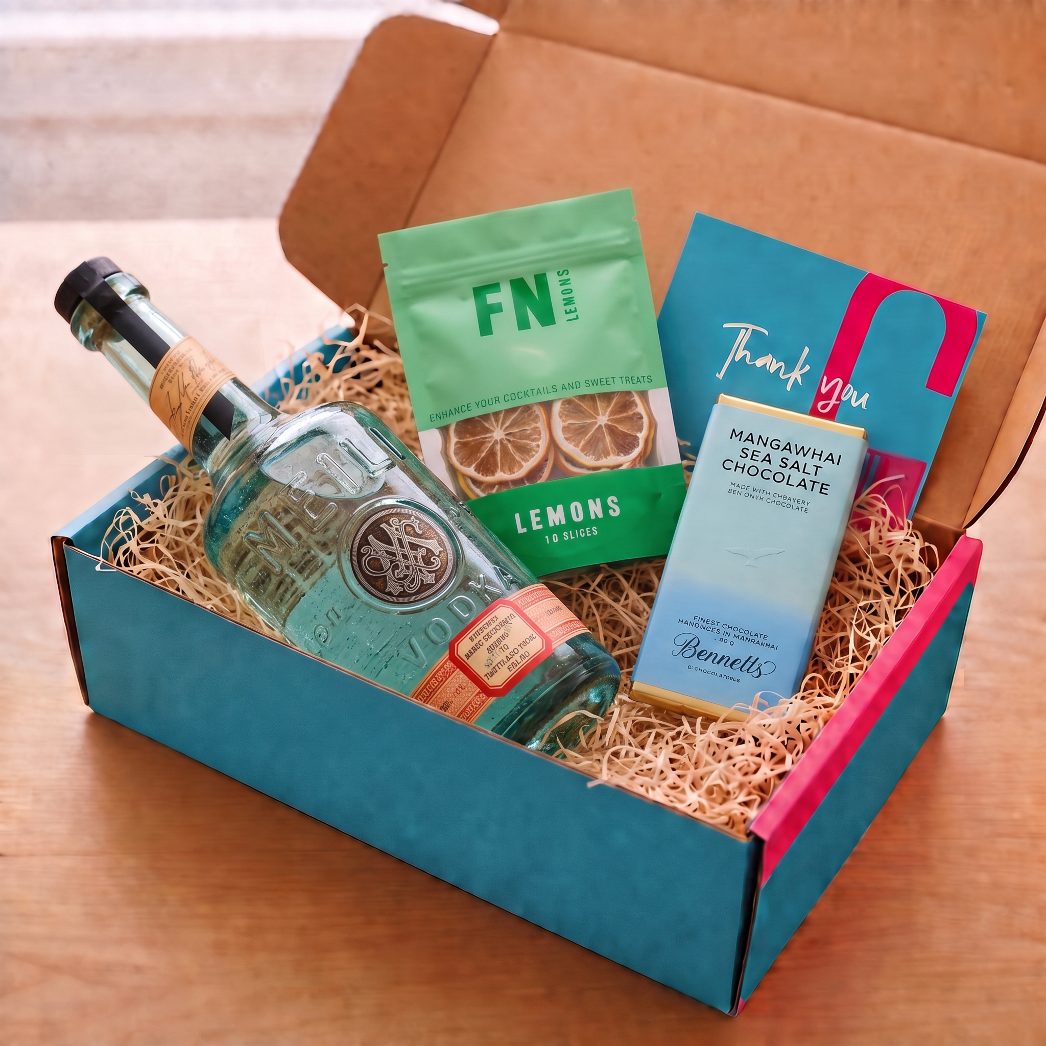 Load image into Gallery viewer, A curated gift box set on a wooden table, featuring a bottle of Meili Vodka, a green bag of FN Lemon garnish slices, a blue and pink Bennetts Mangawhai Sea Salt Chocolate bar, and a handwritten thank you card, all arranged in a COVE 27 teal and pink cardboard box with wood-wool.