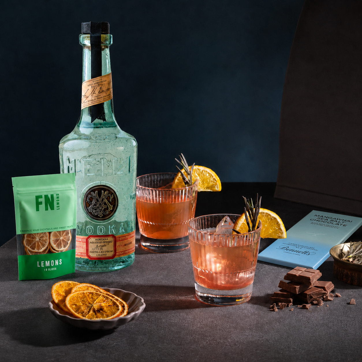 Load image into Gallery viewer, A bottle of Meili Vodka, a pouch of FN Lemon dried garnish slices and two pink cocktails in glasses on a dark tabletop, with lemon slices, chocolate pieces, a small dish, and a Bennetts Mangawhai Sea Salt Chocolate bar in a moody studio setting.