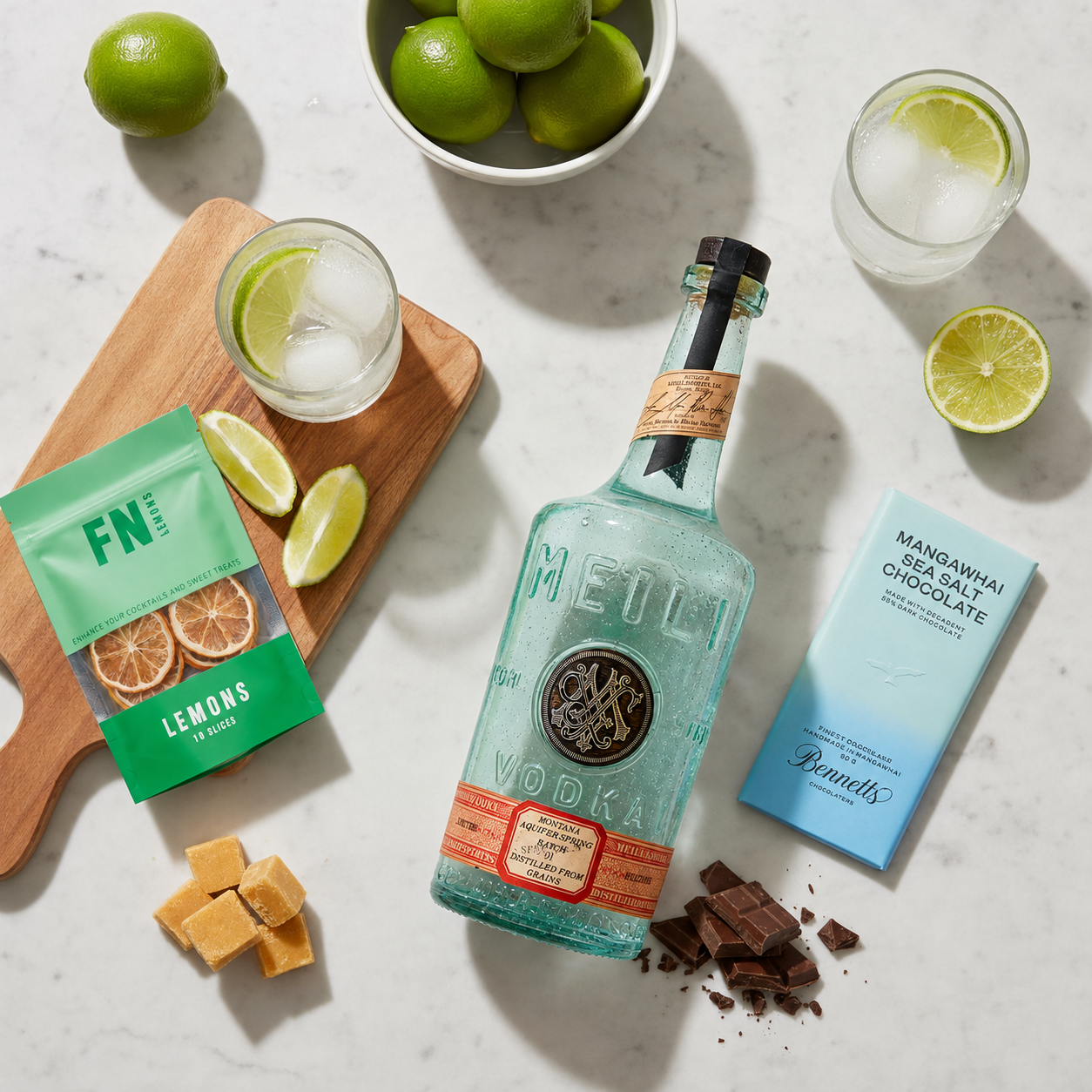 Load image into Gallery viewer, A styled flat-lay featuring a bottle of Meili Vodka as the central product, surrounded by lemons, limes, a green bag of F.N Lemons and a Bennetts Mangawhai Sea Salt Chocolate bar.