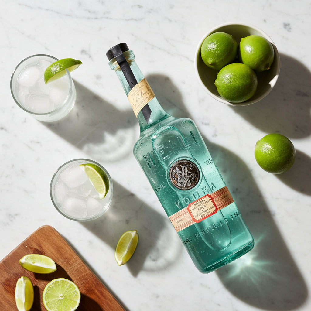 Load image into Gallery viewer, A bottle of Meili Vodka lying on a marble bench top surrounded by fresh limes and cocktails.