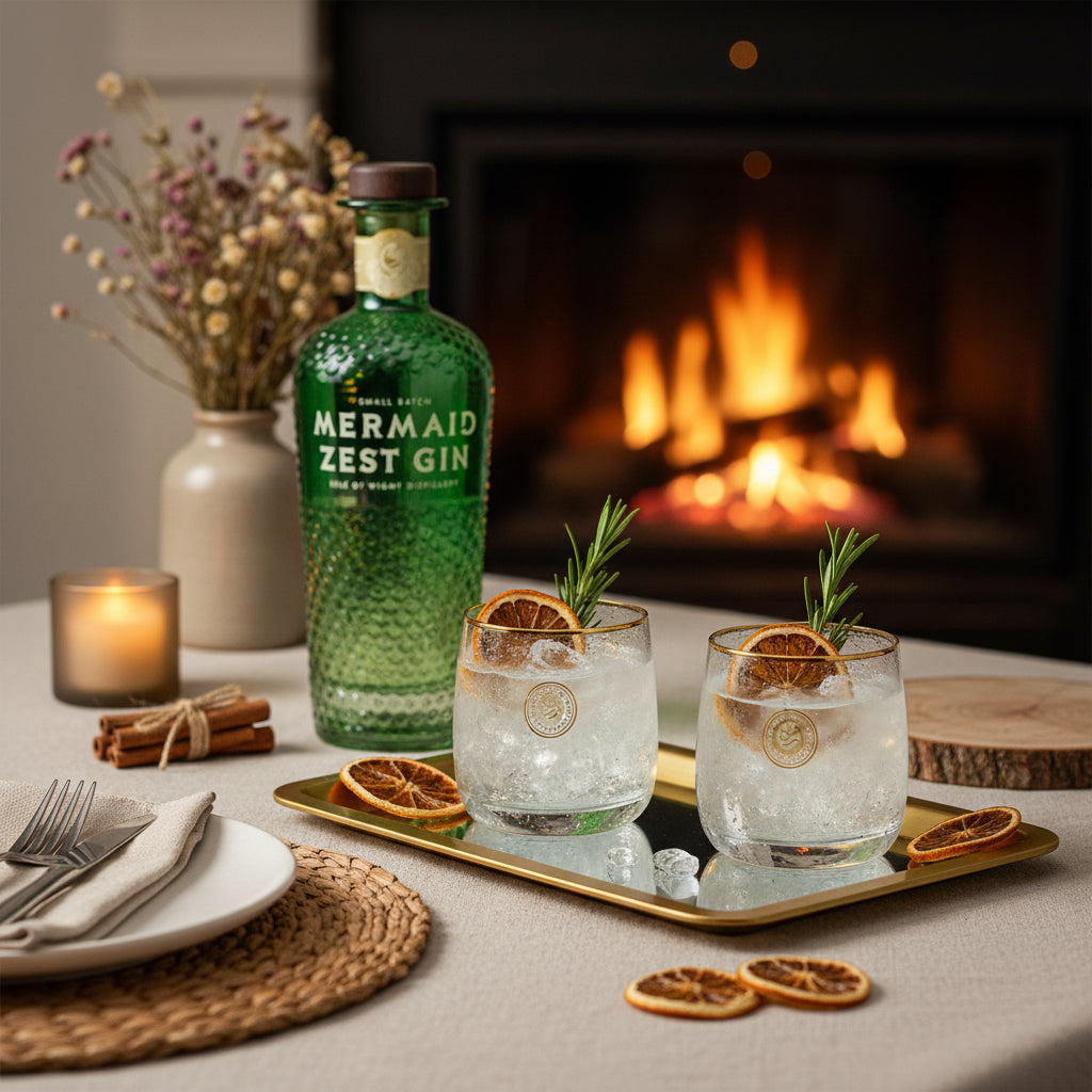 Load image into Gallery viewer, A bottle of Mermaid Zest Gin stands on a table beside two filled glasses with ice, orange slices, and rosemary, set in front of a warm fireplace. A candle, dried flowers, and tableware complete the scene.