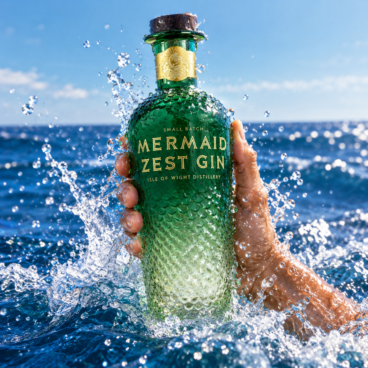 Load image into Gallery viewer, A hand holds a green textured bottle of Mermaid Zest Gin above ocean water with a splash. The bottle has gold lettering and a dark cap, with the blue sea and sky in the background.
