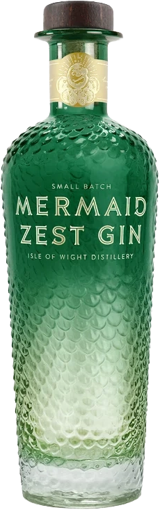 Mermaid Zest Gin bottle from Isle of Wight Distillery, featuring a textured green glass body with a gold neck label and a dark brown cap, set against a plain white background.