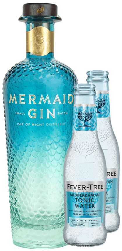 An image of a Mermaid London Dry Gin Gift Box with two bottles of Fever-Tree Mediterranean tonic waters