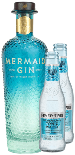 An image of a Mermaid London Dry Gin Gift Box with two bottles of Fever-Tree Mediterranean tonic waters