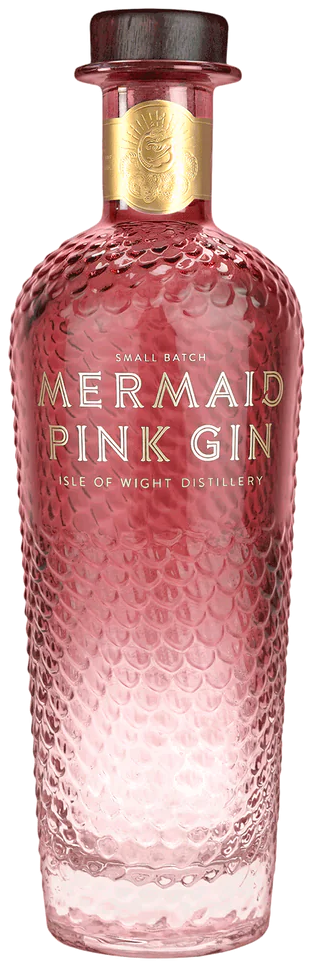 An image of a beautiful red, pink bottle of Mermaid Pink Gin by The Isle of Wight Distillery
