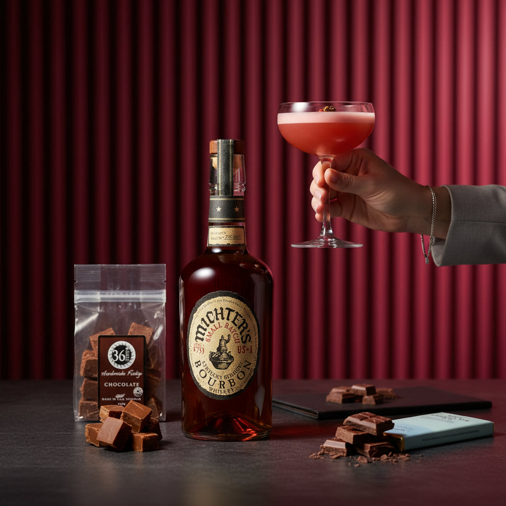 Load image into Gallery viewer, A bottle of Michter’s US1 Small Batch Kentucky Straight Bourbon whiskey stands on a dark tabletop with a hand holding a pink cocktail in a coupe glass beside it. A packet of 36 Degrees chocolate fudge, chocolate fudge pieces, a Bennett's Milk Chocolate bar and scattered chocolate pieces are also visible against a deep red pleated backdrop.