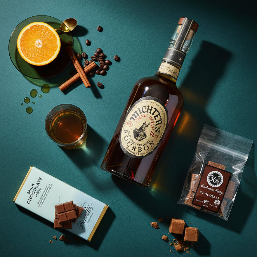 Load image into Gallery viewer, A bottle of Michter’s US1 Small Batch Kentucky Straight Bourbon whiskey is arranged on a dark teal surface with a glass of whiskey, an orange slice, cinnamon sticks, coffee beans, a milk chocolate bar, chocolate pieces and a bag of chocolate fudge and fudge pieces. The photo is styled as a flat lay with dramatic side lighting.