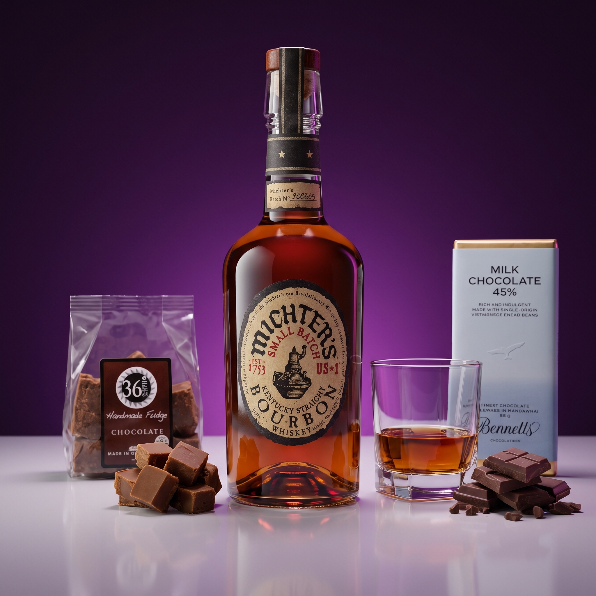 Load image into Gallery viewer, A bottle of Michter’s US1 Small Batch Kentucky Straight Bourbon whiskey stands centred on a reflective white surface against a purple gradient background, flanked by a bag of 36 Degrees Chocolate fudge, a glass of whiskey, a bar of Bennett's Milk Chocolate 45%, and scattered chocolate pieces.