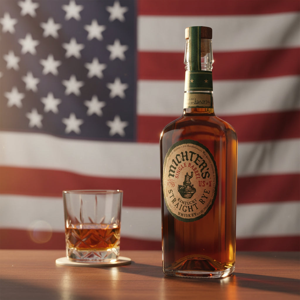 Load image into Gallery viewer, Michter's Michter’s US1 Single Barrel Rye Whiskey bottle and glass with an American flag in the background