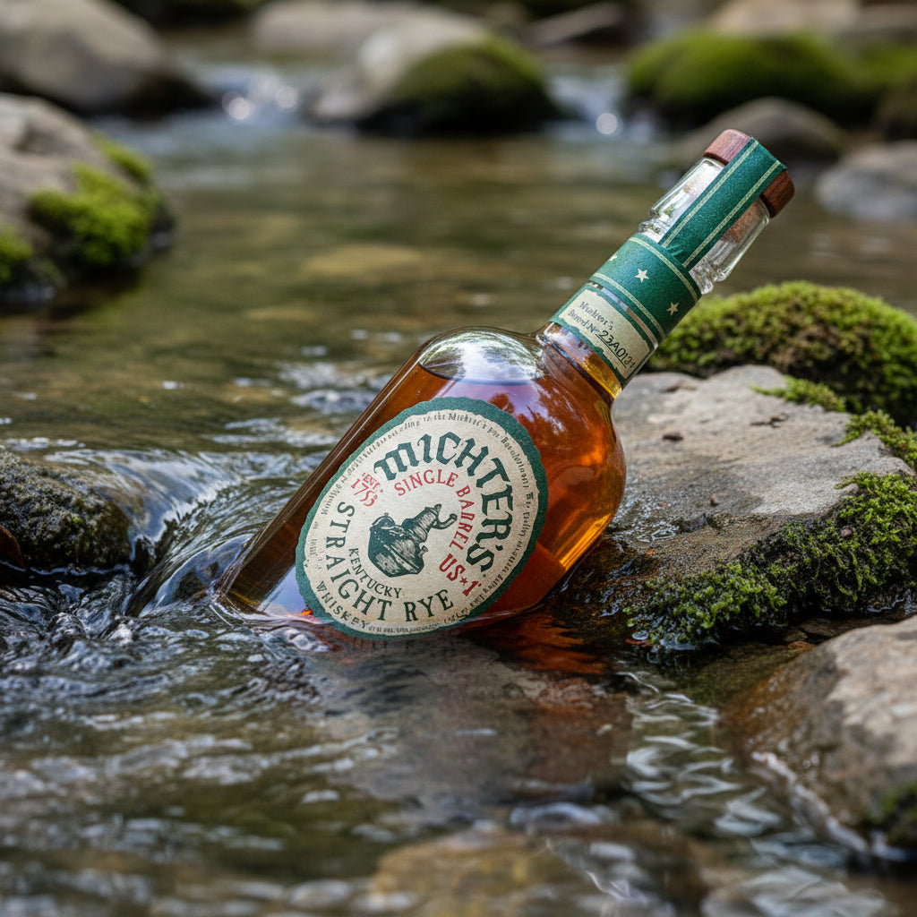 Load image into Gallery viewer, Michter's Michter’s US1 Single Barrel Rye Whiskey bottle in a stream with rocks and water.
