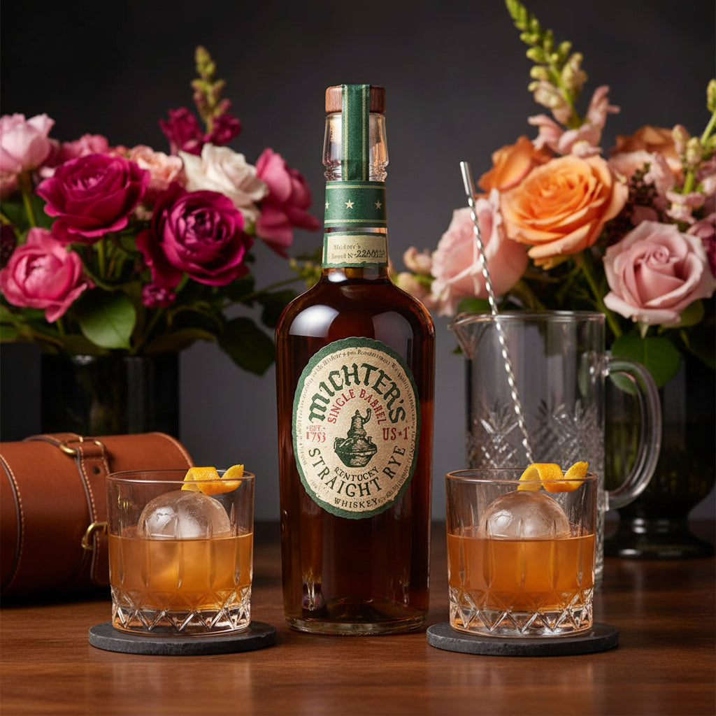 Load image into Gallery viewer, Michter's Michter’s US1 Single Barrel Rye Whiskey bottle with two glasses of cocktail and flowers