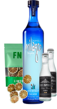 Load image into Gallery viewer, An image of a Milagro Silver Tequila Gift Box including 2 east imperial soda waters and a pouch on Lime garnish slices