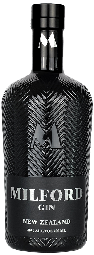 Black Milford Gin bottle with geometric design on a black background