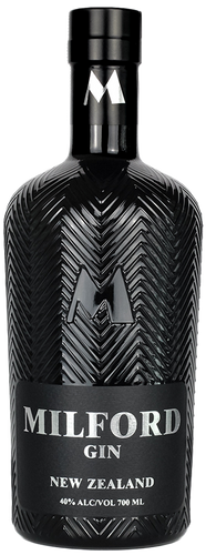 Black Milford Gin bottle with geometric design on a black background
