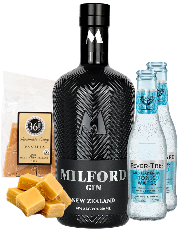 Bottle of Milford Gin with vanilla fudge, fudge pieces, and Fever-Tree tonic water on a white background