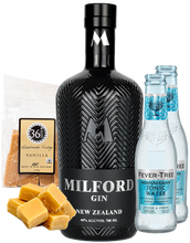 Load image into Gallery viewer, Bottle of Milford Gin with vanilla fudge, fudge pieces, and Fever-Tree tonic water on a white background