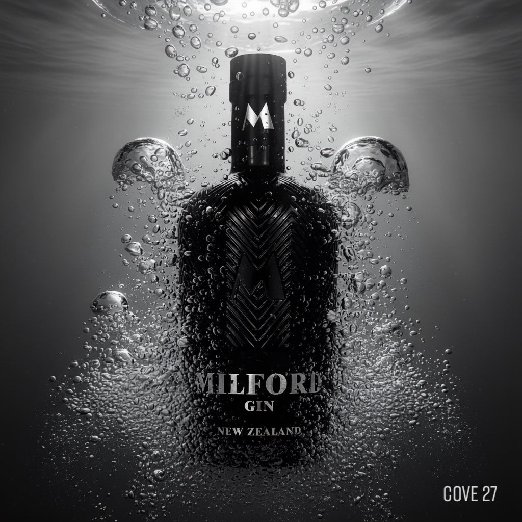 Load image into Gallery viewer, Bottle of Milford Gin surrounded by water bubbles on a dark background