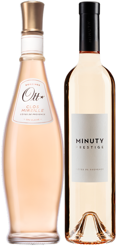 An image of a Minuty Prestige & Ott Clos Rosé Gift Box containing one Ott Clos Mireille rosé & one Minuty Prestige rosé