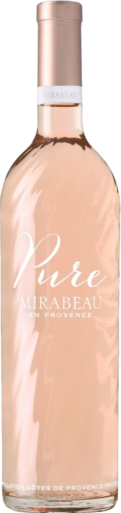 Bottle of Pure Mirabeau rosé wine with a pinkish hue on a white background