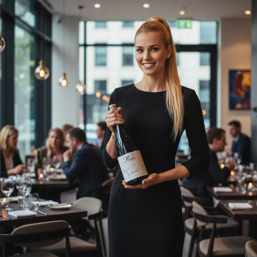 Load image into Gallery viewer, Woman holding a bottle of Mishas-Vineyard_Verismo_Pinot_Noir in a restaurant setting