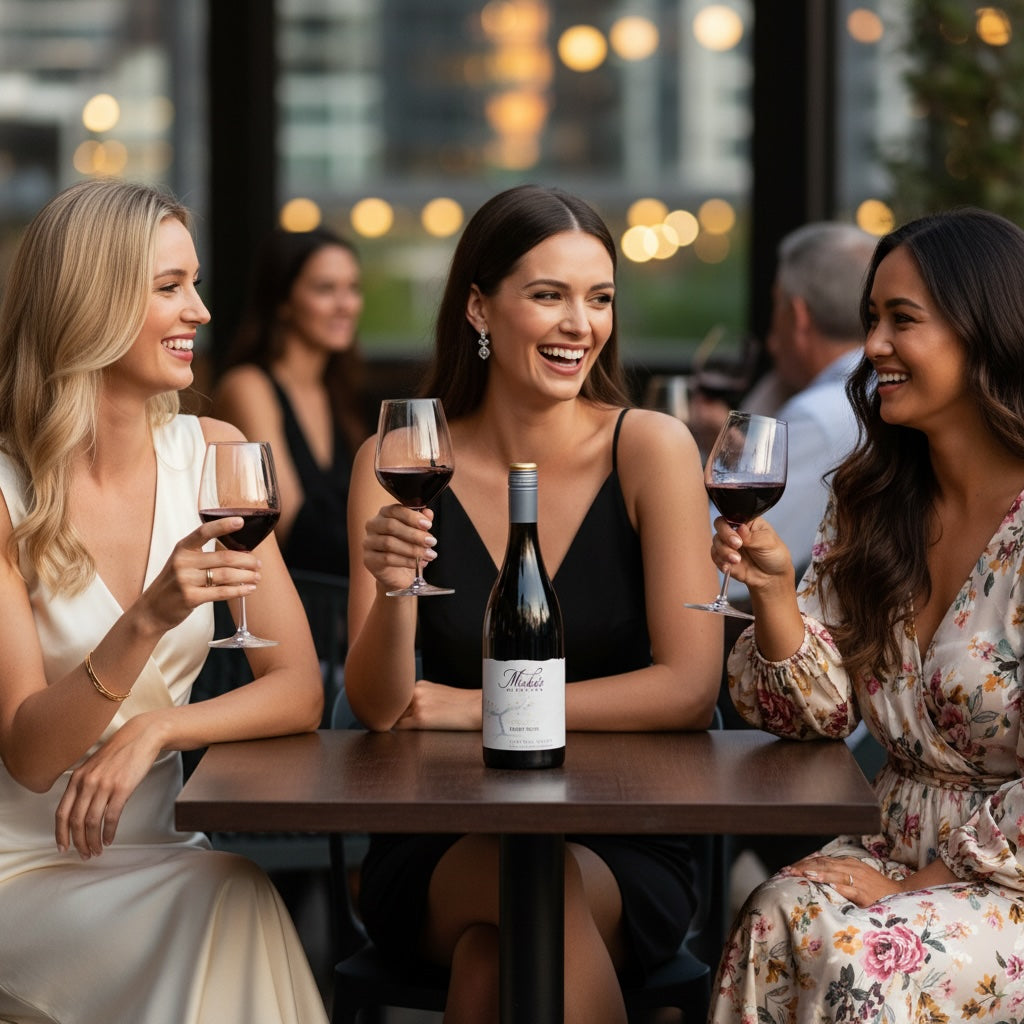 Load image into Gallery viewer, Three women enjoying a bottle of Mishas-Vineyard_Verismo_Pinot_Noir together at a table with a blurred background