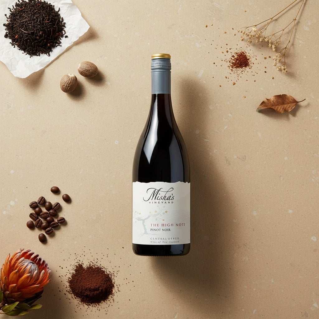 Mishas_Vineyard_The_High_Note_Pinot_Noir wine bottle with a label on a beige surface with coffee beans, flowers, and spices.