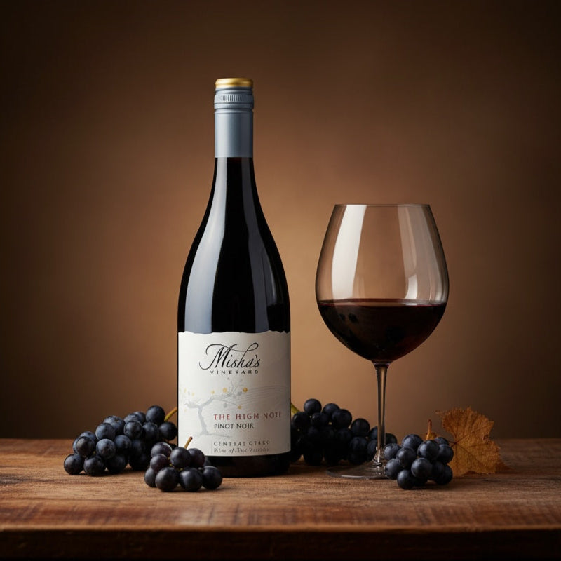 Mishas_Vineyard_The_High_Note_Pinot_Noir wine bottle with a glass of red wine and grapes on a wooden table against a brown background