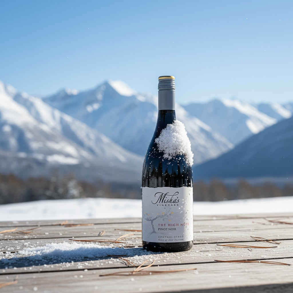 Load image into Gallery viewer, Mishas_Vineyard_The_High_Note_Pinot_Noir wine bottle with snow on top against a mountainous background