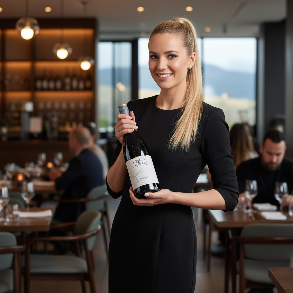Woman holding a bottle of Mishas_Vineyard_The_High_Note_Pinot_Noir wine in a restaurant setting